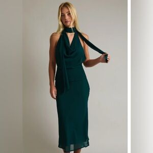 Le Lis Sleeveless Cowl-Neck Maxi Dress with Neck Tie in Teal Green